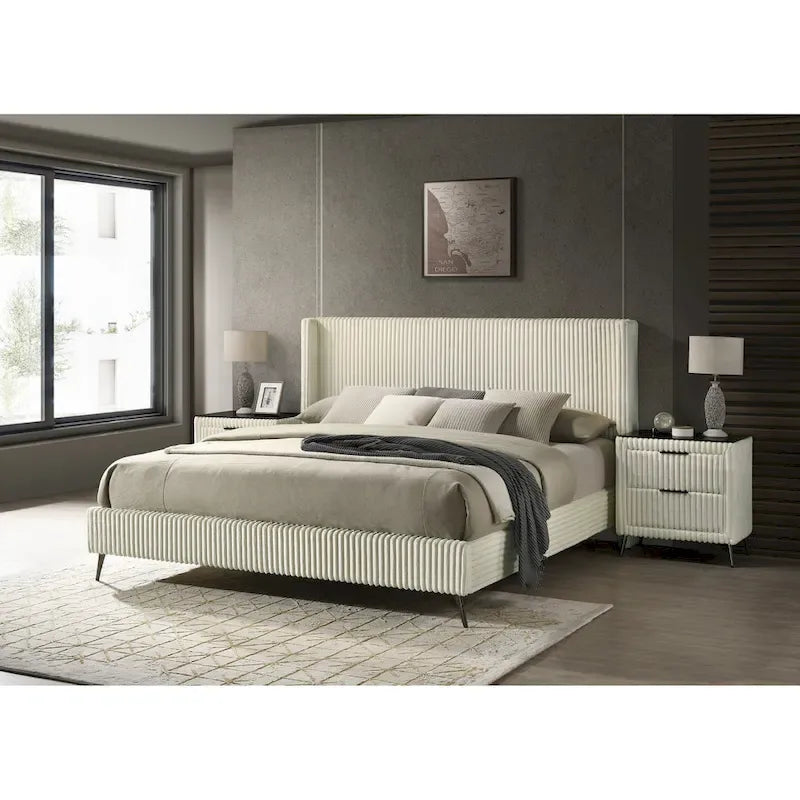 Lit capitonné Roundhill Furniture Mavela en velours côtelé à larges côtes avec 2 tables de chevet, crème