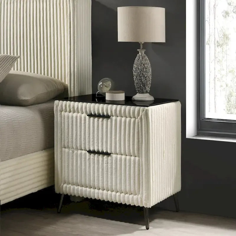 Lit capitonné Roundhill Furniture Mavela en velours côtelé à larges côtes avec 2 tables de chevet, crème