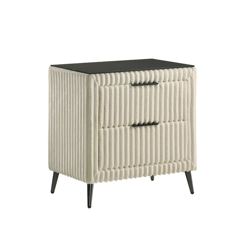 Lit capitonné Roundhill Furniture Mavela en velours côtelé à larges côtes avec 2 tables de chevet, crème