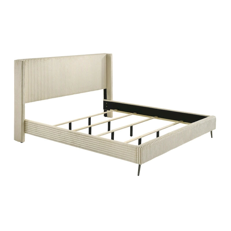 Lit capitonné Roundhill Furniture Mavela en velours côtelé à larges côtes avec 2 tables de chevet, crème