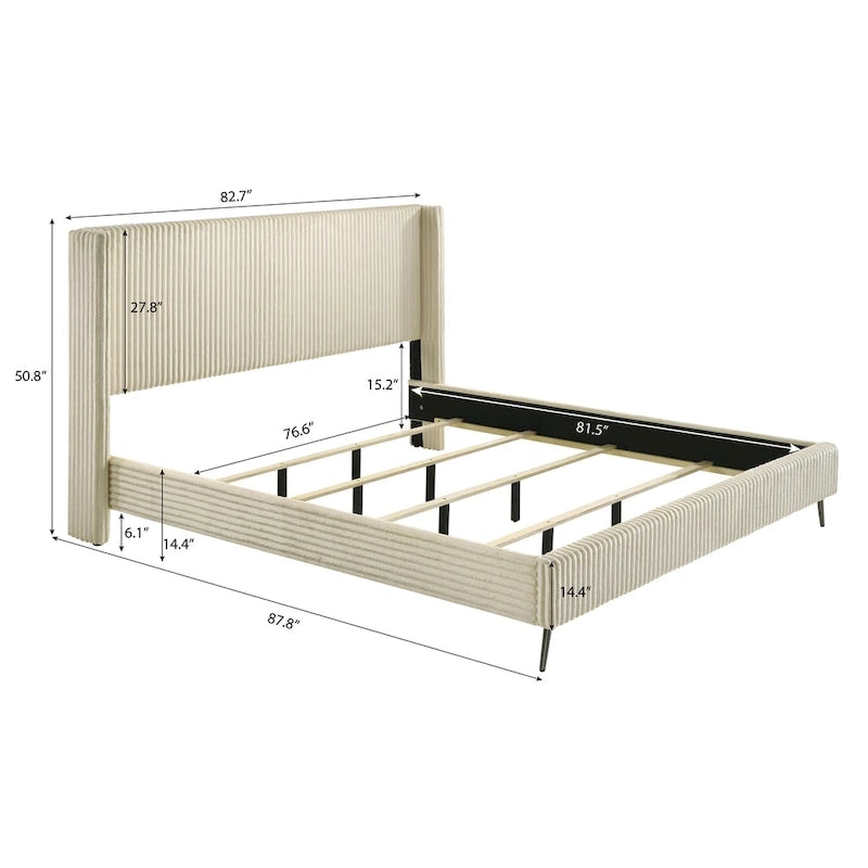 Lit capitonné Roundhill Furniture Mavela en velours côtelé à larges côtes avec 2 tables de chevet, crème