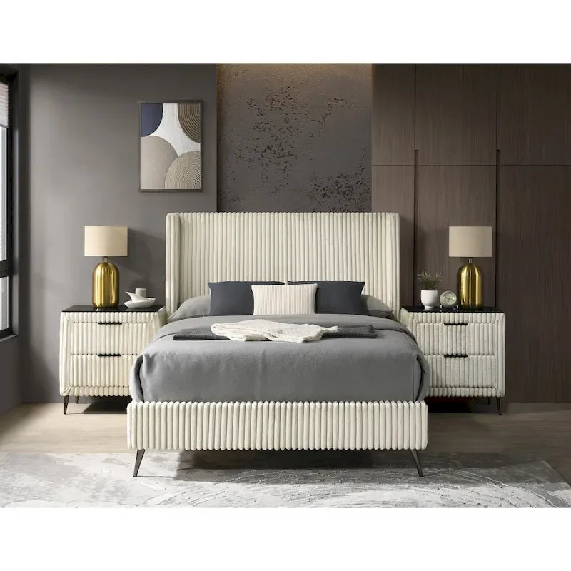 Lit capitonné Roundhill Furniture Mavela en velours côtelé à larges côtes avec 2 tables de chevet, crème