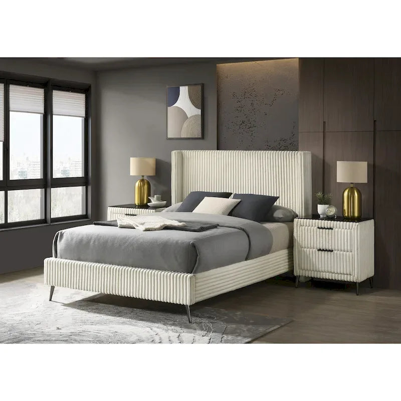 Lit capitonné Roundhill Furniture Mavela en velours côtelé à larges côtes avec 2 tables de chevet, crème