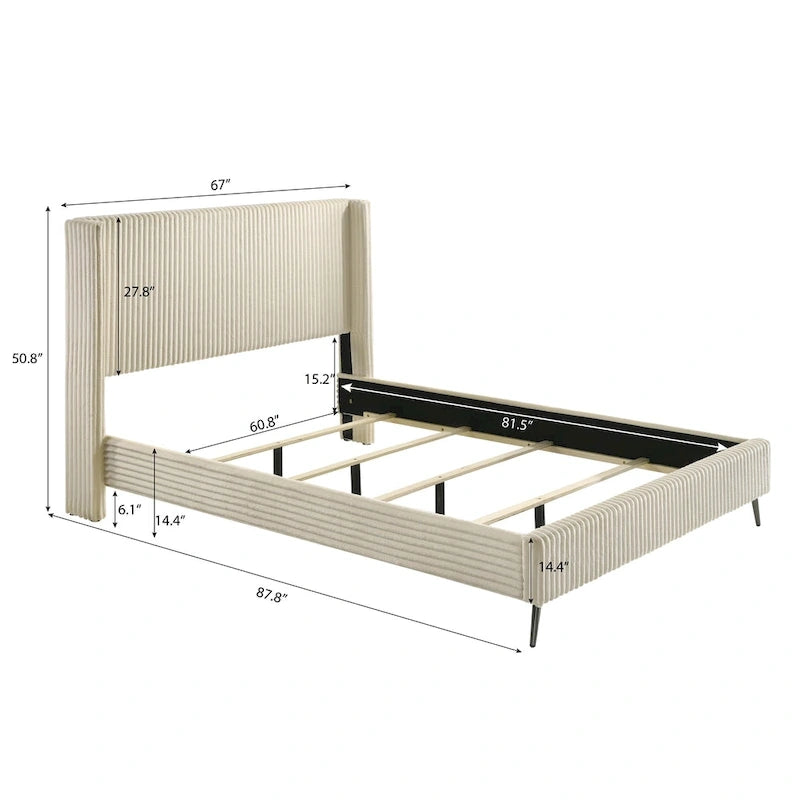 Lit capitonné Roundhill Furniture Mavela en velours côtelé à larges côtes avec 2 tables de chevet, crème