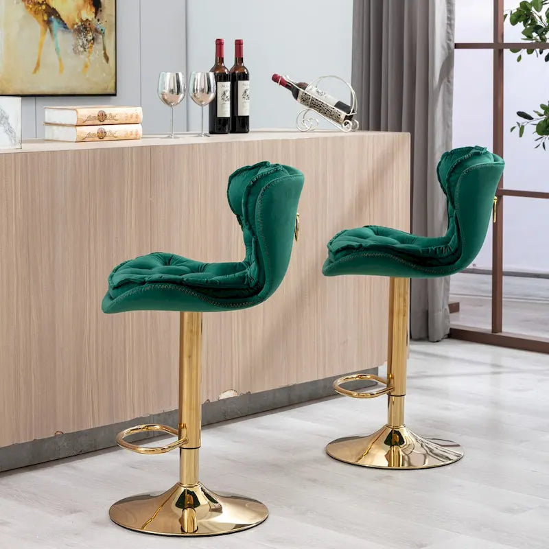 Lot de 2 tabourets de bar pivotants en velours réglables en hauteur, avec repose-pieds et piètement dorés