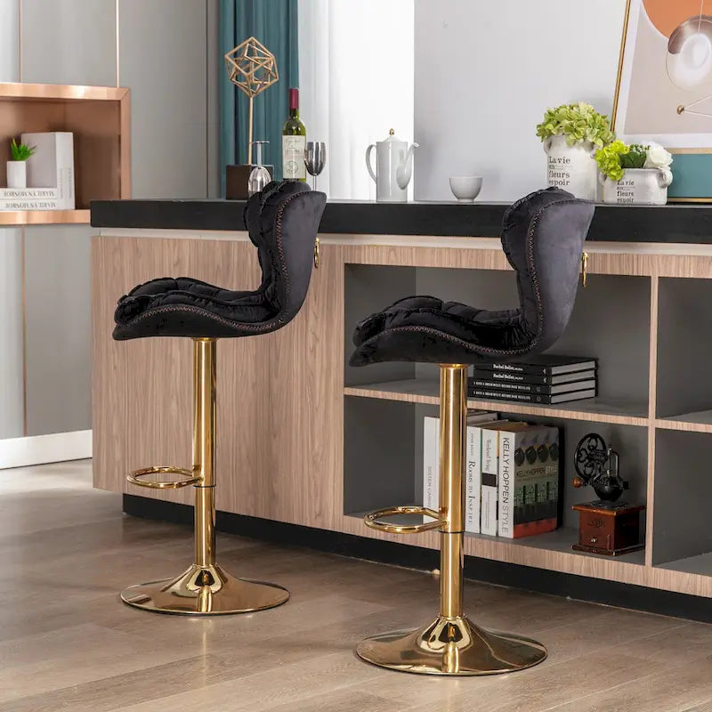 Lot de 2 tabourets de bar pivotants en velours réglables en hauteur, avec repose-pieds et piètement dorés