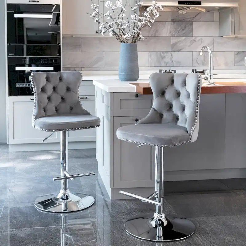 Tabourets de bar pivotants en velours, hauteur d'assise réglable de 25 à 33 pouces, tabourets de bar rembourrés avec dossier et base chromée, lot de 2