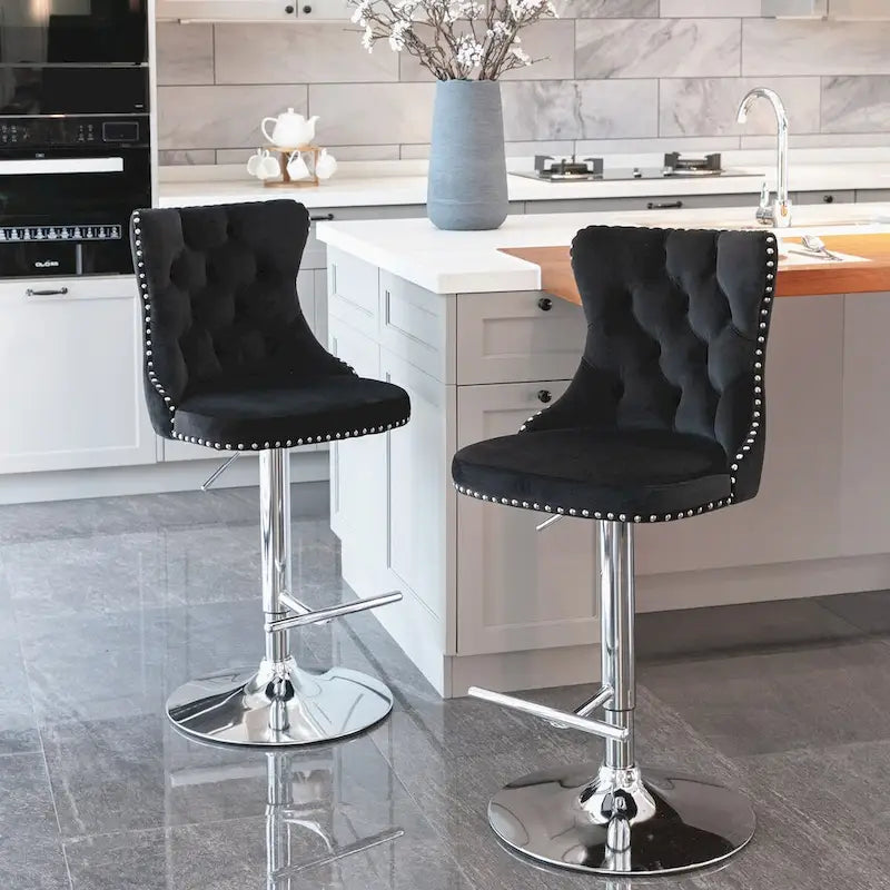 Tabourets de bar pivotants en velours, hauteur d'assise réglable de 25 à 33 pouces, tabourets de bar rembourrés avec dossier et base chromée, lot de 2
