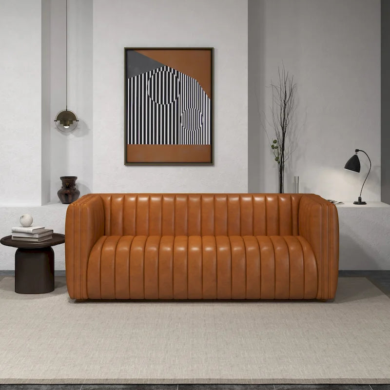 Rasam Mid Century Modern Luxury Tight Back Geniune Leather Couch in Cognac Tan