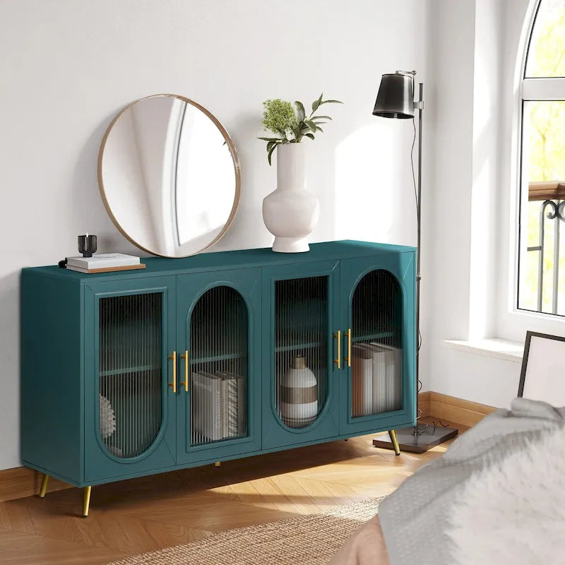 Wood Tv Stand With Storage Cabinet & Adjustable Shelves
