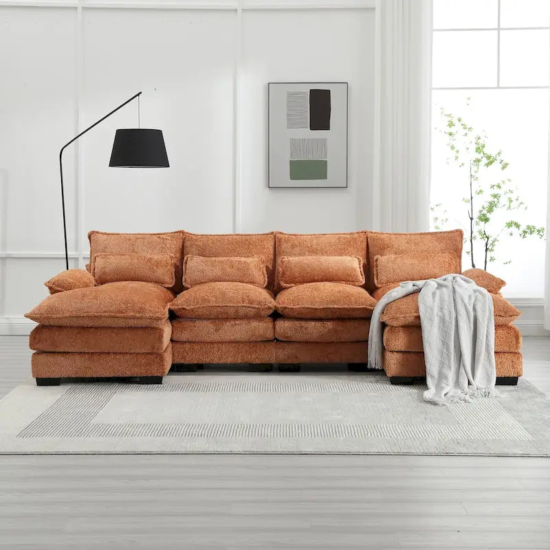 Grand canapé d'angle moderne en tissu chenille en forme de U avec poufs, canapé réversible pour salon