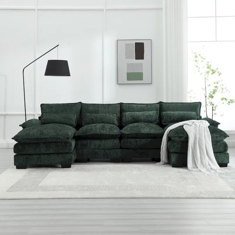 Grand canapé d'angle moderne en tissu chenille en forme de U avec poufs, canapé réversible pour salon