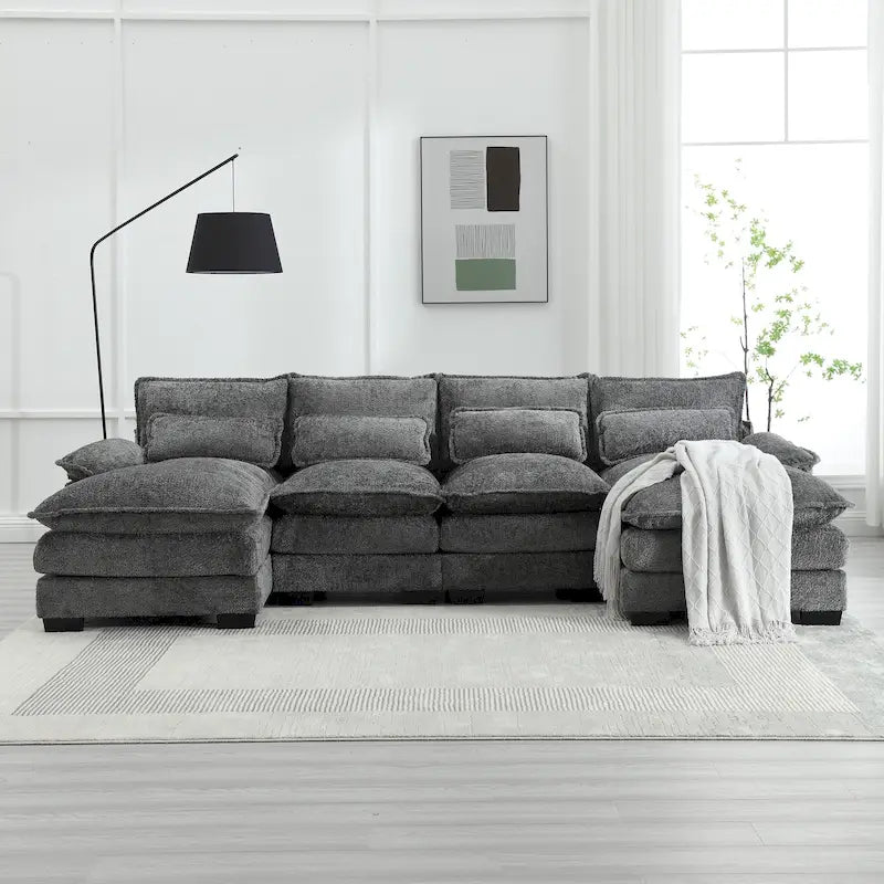 Grand canapé d'angle moderne en tissu chenille en forme de U avec poufs, canapé réversible pour salon