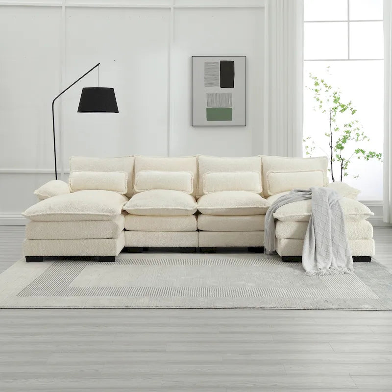 Grand canapé d'angle moderne en tissu chenille en forme de U avec poufs, canapé réversible pour salon