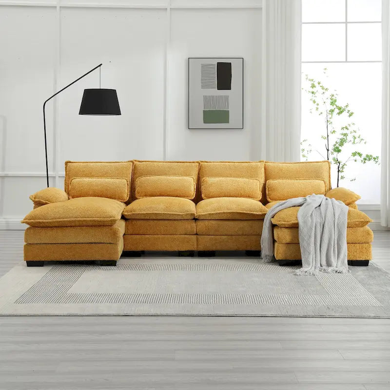 Grand canapé d'angle moderne en tissu chenille en forme de U avec poufs, canapé réversible pour salon