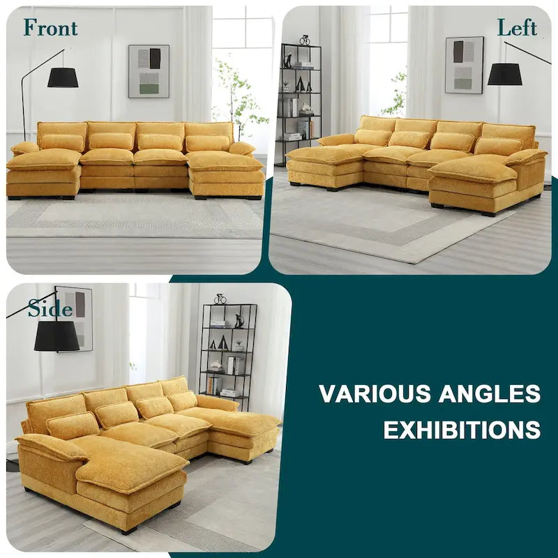 Grand canapé d'angle moderne en tissu chenille en forme de U avec poufs, canapé réversible pour salon