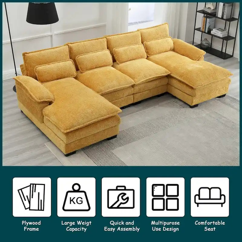 Grand canapé d'angle moderne en tissu chenille en forme de U avec poufs, canapé réversible pour salon