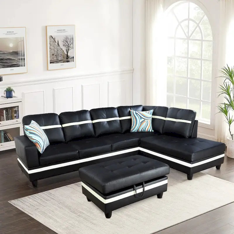 Ensemble de canapé de salon en similicuir en forme de L avec pouf, 3 pièces