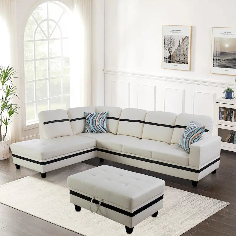 Ensemble de canapé de salon en similicuir en forme de L avec pouf, 3 pièces