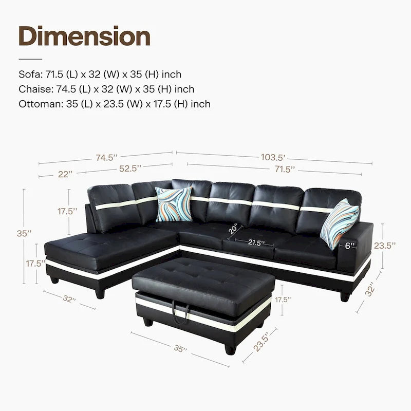 Ensemble de canapé de salon en similicuir en forme de L avec pouf, 3 pièces