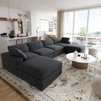 Grand canapé sectionnel modulable réversible en lin en U avec 2 poufs