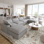 Grand canapé sectionnel modulable réversible en lin en U avec 2 poufs