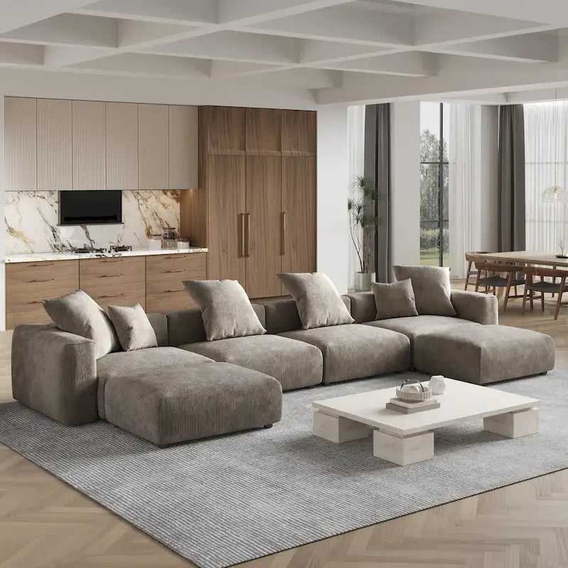 Large U-Shape Linen Reversible Modular Seating Component Sectional with 2 Ottoman