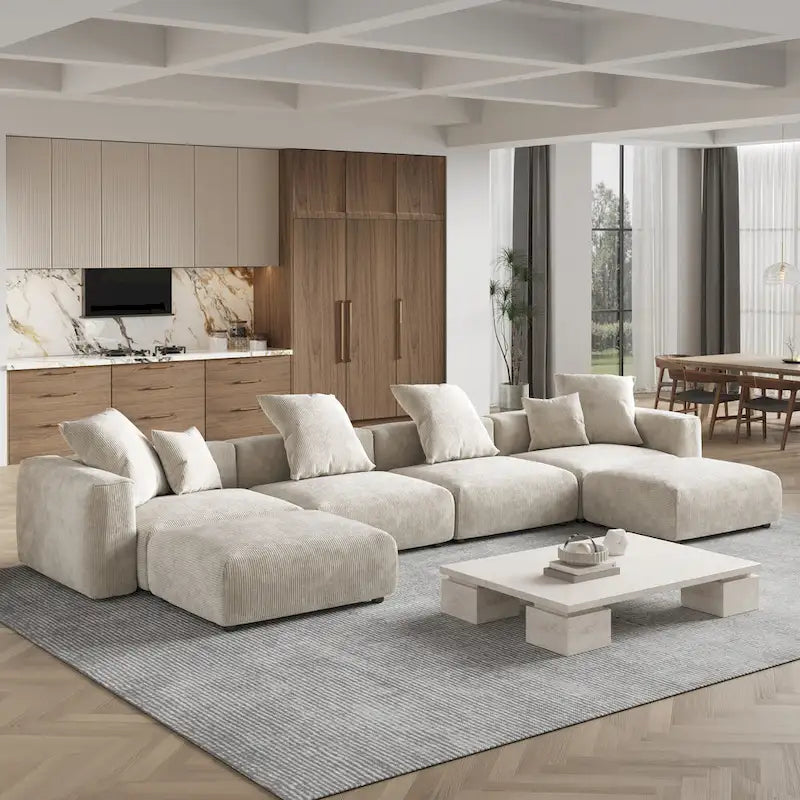 Grand canapé sectionnel modulable réversible en lin en U avec 2 poufs