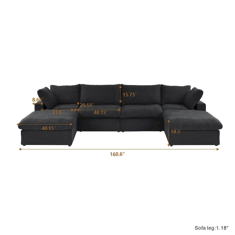 Grand canapé sectionnel modulable réversible en lin en U avec 2 poufs