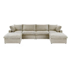 Grand canapé sectionnel modulable réversible en lin en U avec 2 poufs