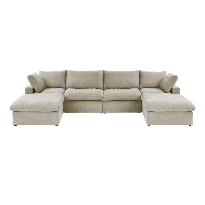 Grand canapé sectionnel modulable réversible en lin en U avec 2 poufs