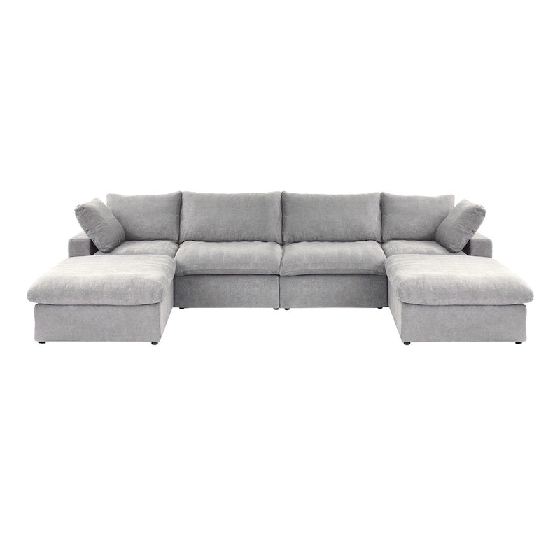 Grand canapé sectionnel modulable réversible en lin en U avec 2 poufs