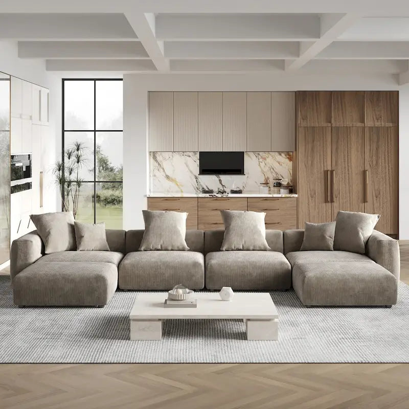 Grand canapé sectionnel modulable réversible en lin en U avec 2 poufs