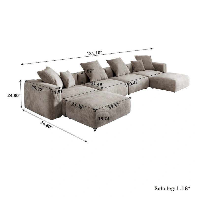 Grand canapé sectionnel modulable réversible en lin en U avec 2 poufs
