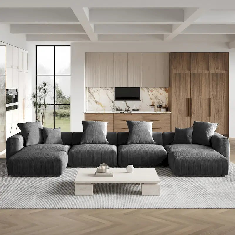 Grand canapé sectionnel modulable réversible en lin en U avec 2 poufs