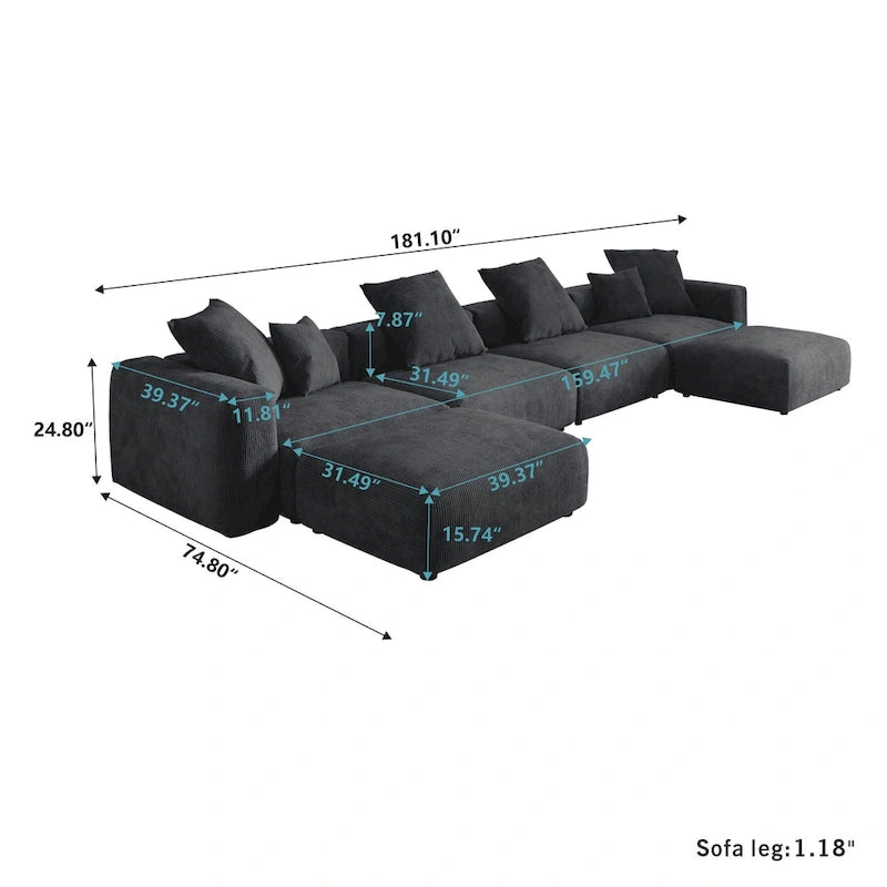 Grand canapé sectionnel modulable réversible en lin en U avec 2 poufs