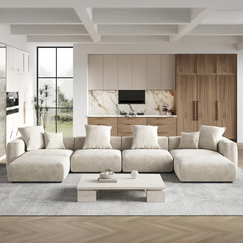 Grand canapé sectionnel modulable réversible en lin en U avec 2 poufs