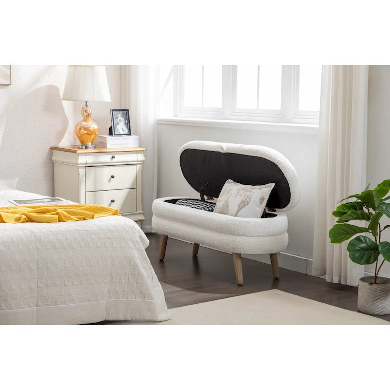 Boucle Fabric Storage Bench For Living Room Bedroom Indoor
