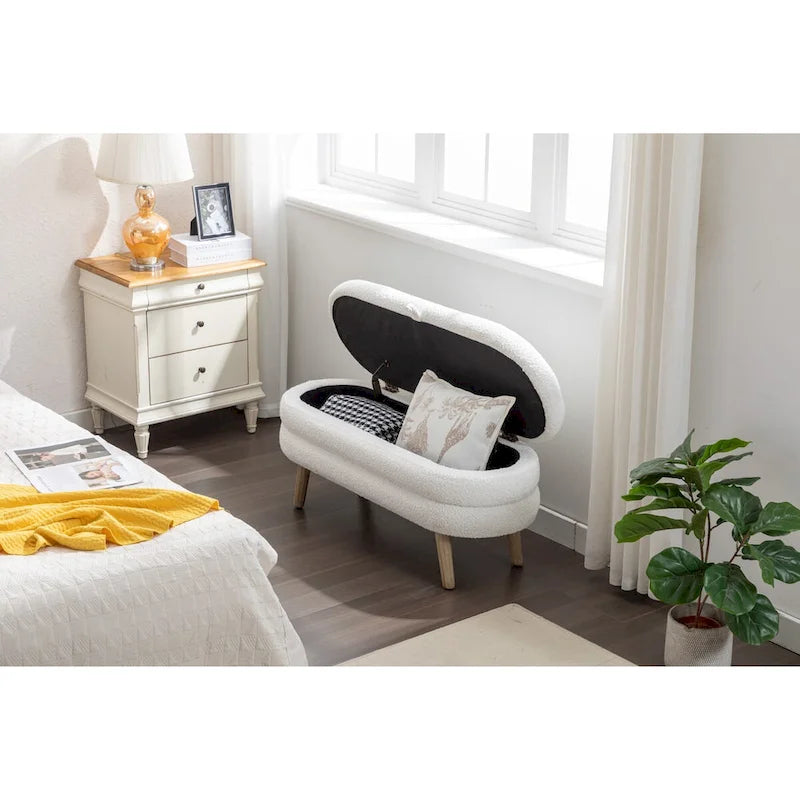 Boucle Fabric Storage Bench For Living Room Bedroom Indoor
