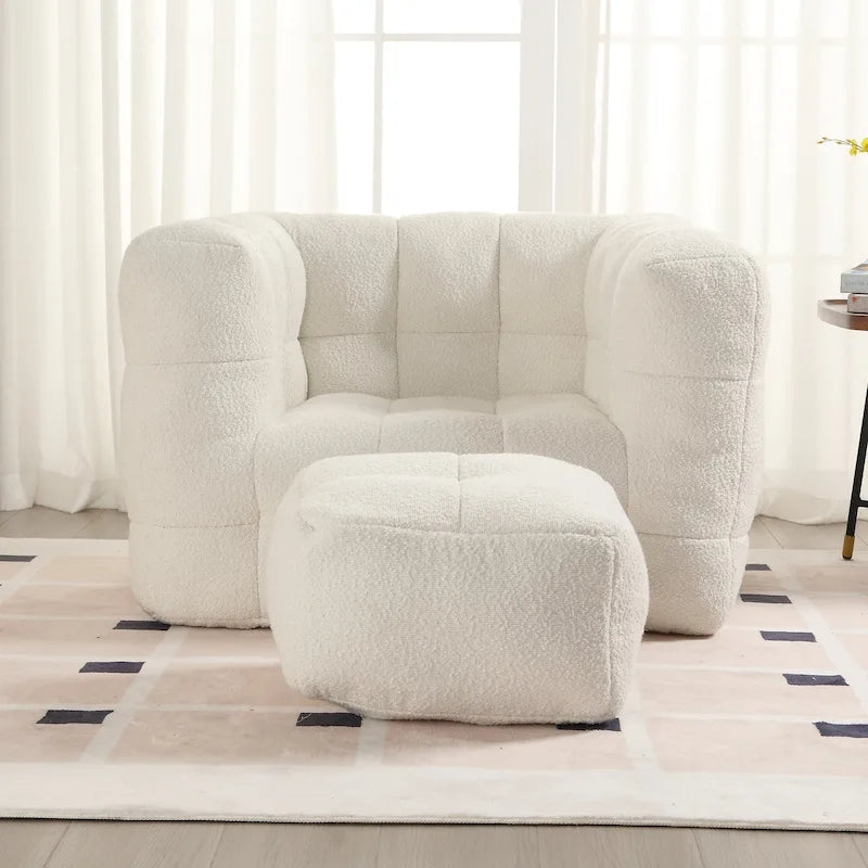HOMEFUN Fauteuil d'appoint moderne capitonné en tissu bouclé avec ottoman