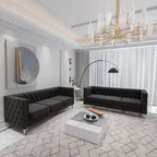 Canapé 3 places 2 pièces en velours, canapé Chesterfield classique avec boutons touffetés, accoudoirs carrés, clous décoratifs et pieds en métal