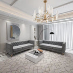 Canapé 3 places 2 pièces en velours, canapé Chesterfield classique avec boutons touffetés, accoudoirs carrés, clous décoratifs et pieds en métal