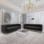 Canapé 3 places 2 pièces en velours, canapé Chesterfield classique avec boutons touffetés, accoudoirs carrés, clous décoratifs et pieds en métal
