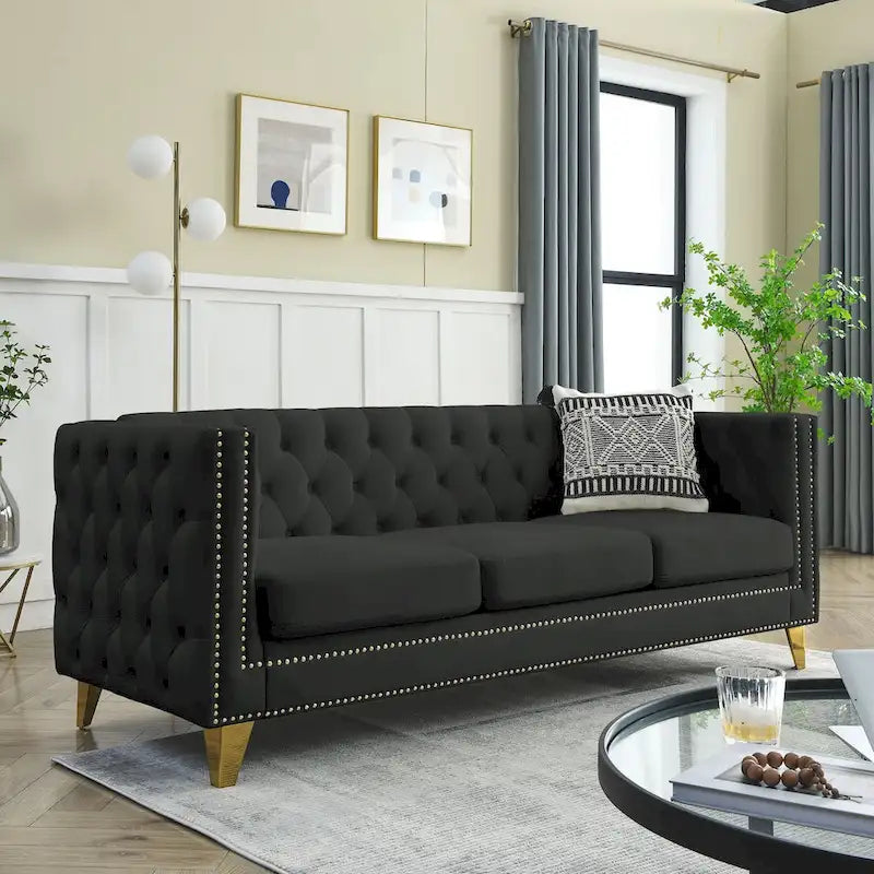 Canapé 3 places 2 pièces en velours, canapé Chesterfield classique avec boutons touffetés, accoudoirs carrés, clous décoratifs et pieds en métal