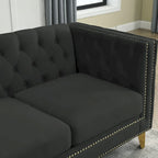 Canapé 3 places 2 pièces en velours, canapé Chesterfield classique avec boutons touffetés, accoudoirs carrés, clous décoratifs et pieds en métal