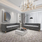 Canapé 3 places 2 pièces en velours, canapé Chesterfield classique avec boutons touffetés, accoudoirs carrés, clous décoratifs et pieds en métal