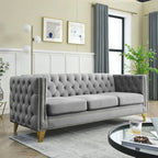 Canapé 3 places 2 pièces en velours, canapé Chesterfield classique avec boutons touffetés, accoudoirs carrés, clous décoratifs et pieds en métal