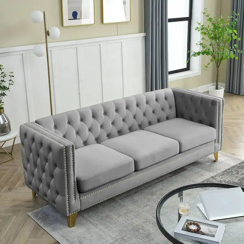Canapé 3 places 2 pièces en velours, canapé Chesterfield classique avec boutons touffetés, accoudoirs carrés, clous décoratifs et pieds en métal