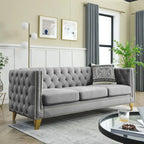 Canapé 3 places 2 pièces en velours, canapé Chesterfield classique avec boutons touffetés, accoudoirs carrés, clous décoratifs et pieds en métal