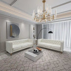Canapé 3 places 2 pièces en velours, canapé Chesterfield classique avec boutons touffetés, accoudoirs carrés, clous décoratifs et pieds en métal